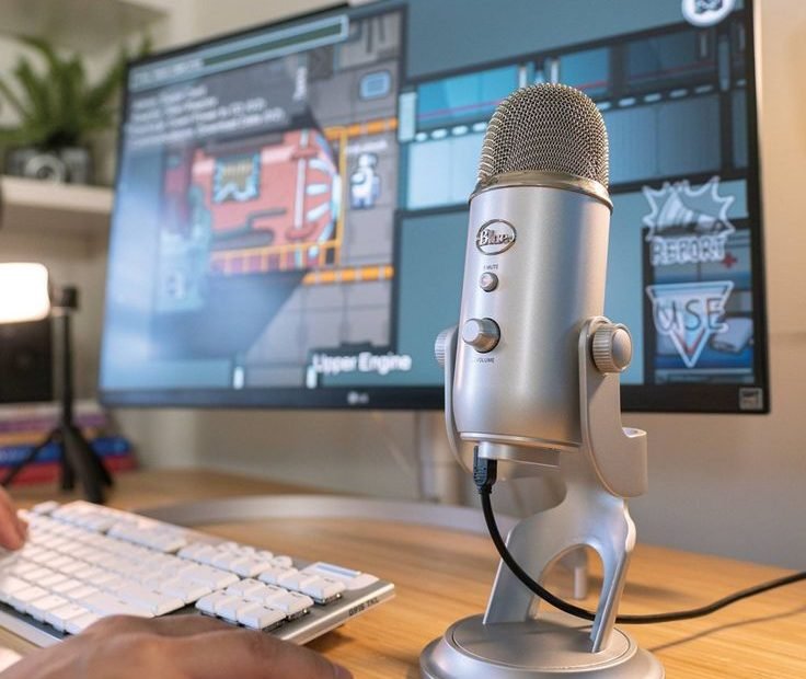 A Blue Yeti microphone placed on a desk in a home recording setup.