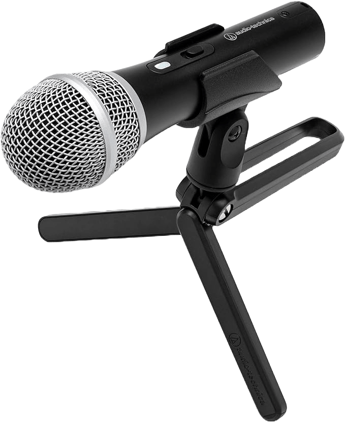 A professional podcasting microphone attached to an adjustable arm stand.