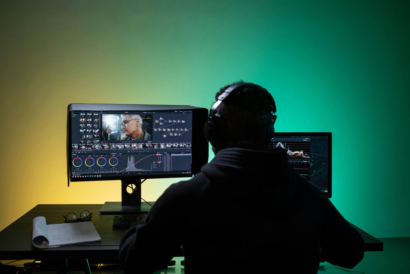 A man wearing headphones, editing audio or video in a professional studio setting