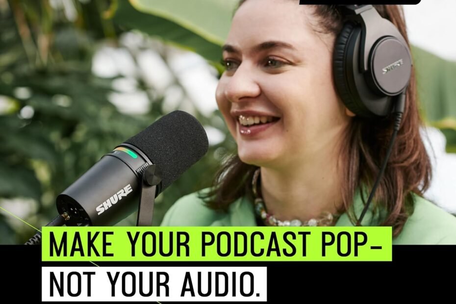 Image of a woman wearing headphones and speaking into a microphone