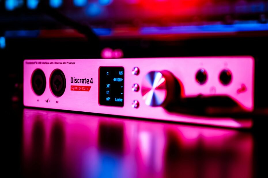 audio interface with multiple inputs and pink backlighting