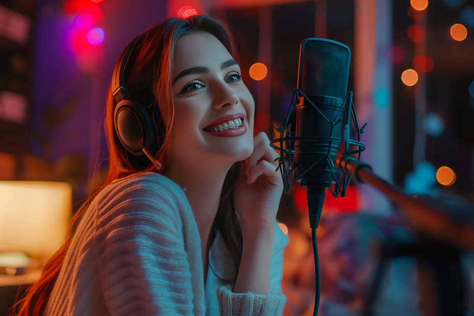 Image of a woman with headphones smiling in front of a microphone