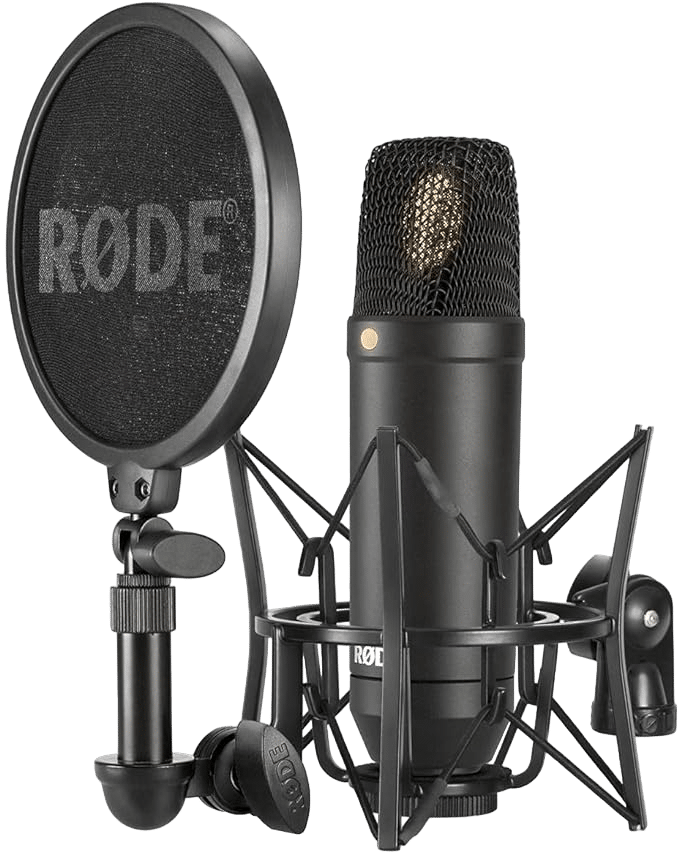 RODE condenser microphone with pop filter and stand