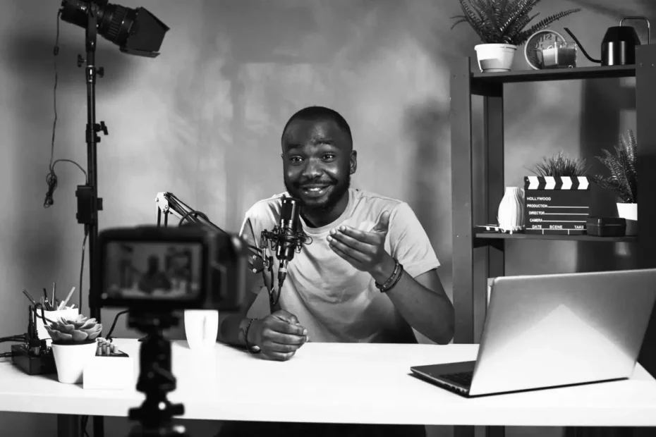 man recording a podcast with professional equipment in a studio