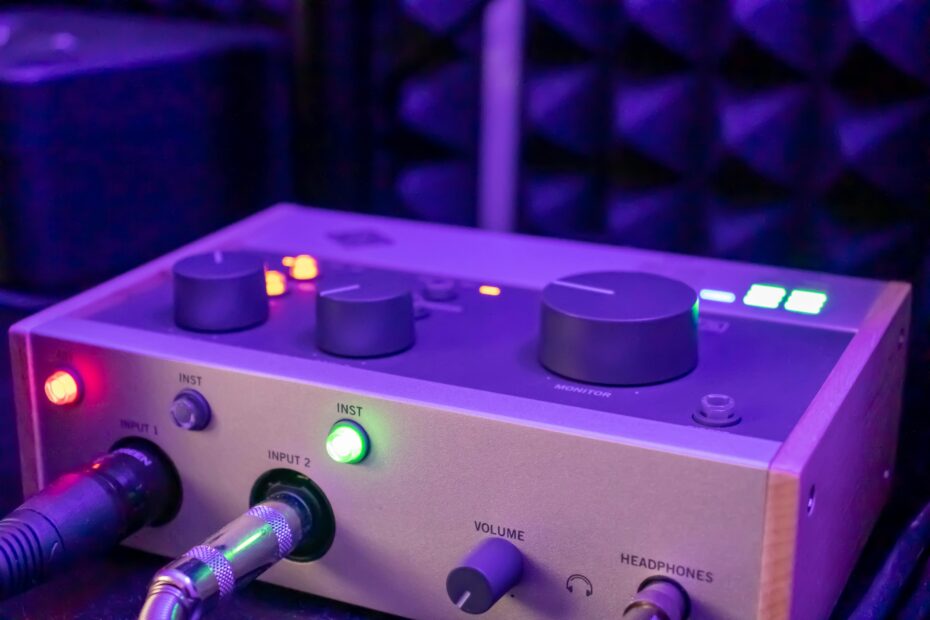 audio interface with connected cables in a recording studio