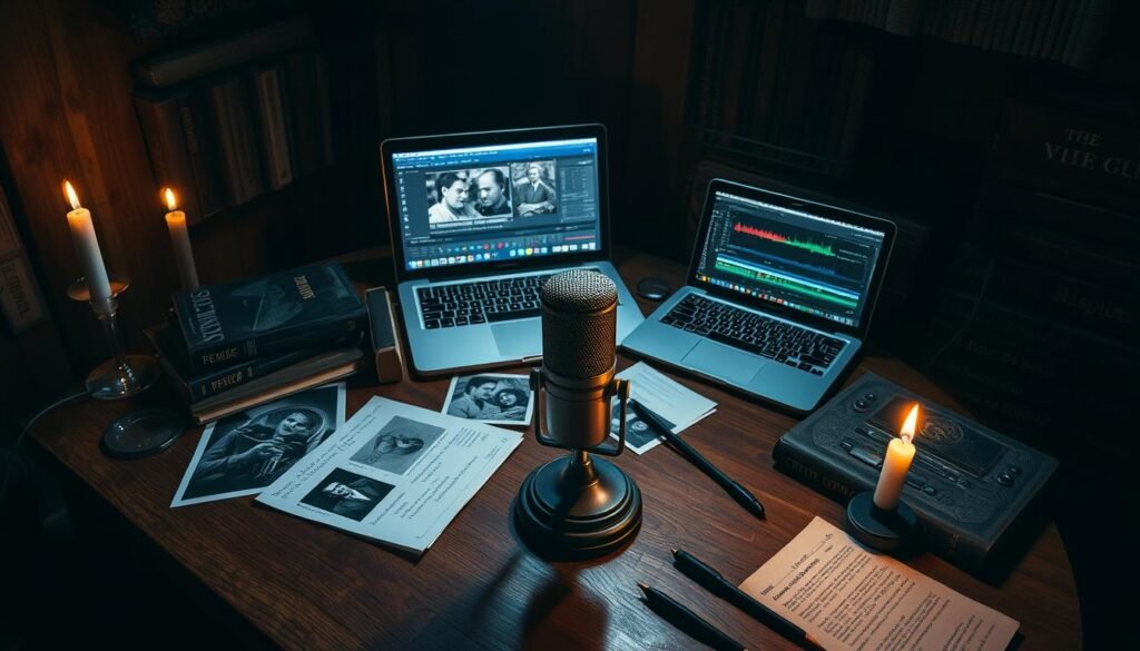 Podcasting workspace with two laptops, microphones, and recording gear