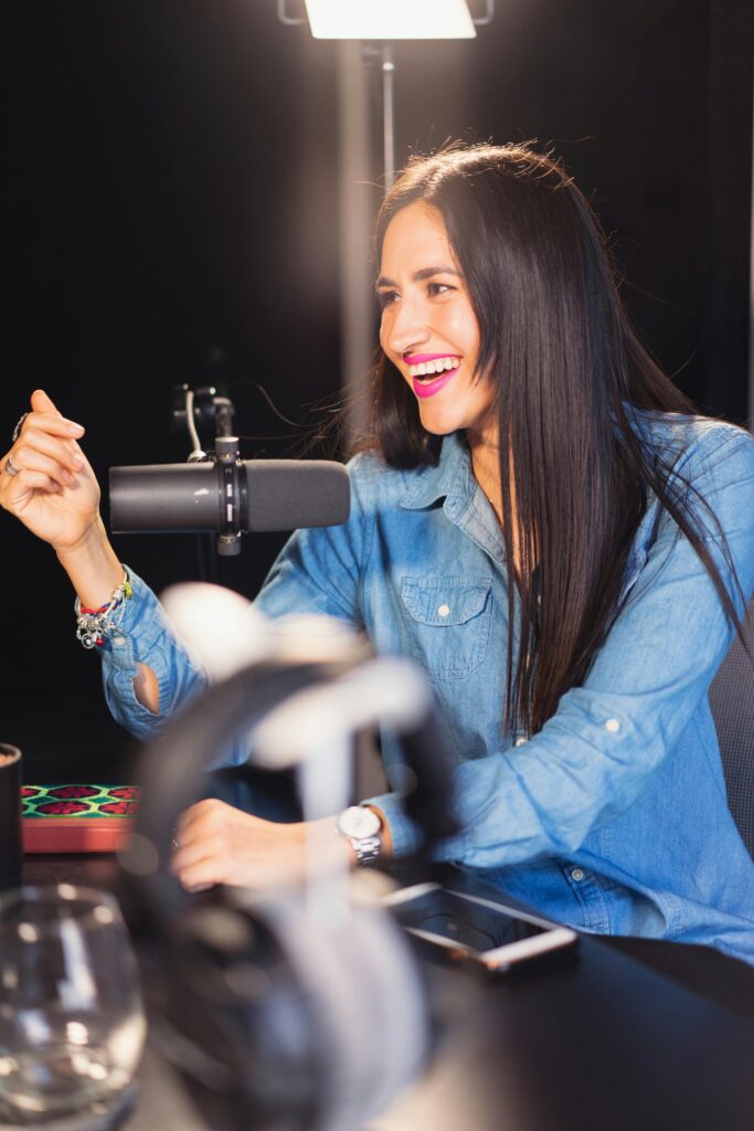 lady podcasting with shure sm7b