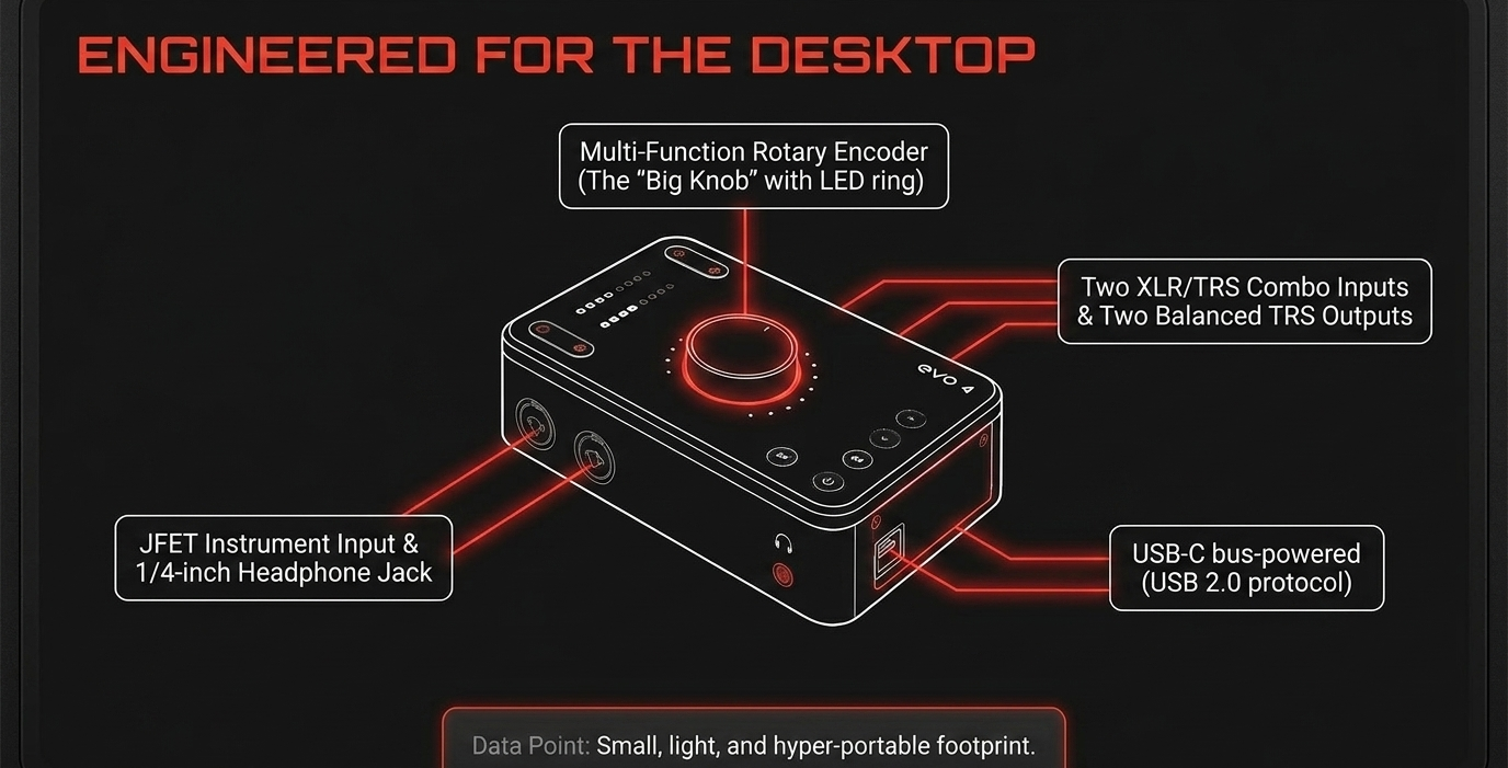 Audient EVO 4 engineered for the desktop - ports, controls, and connectivity diagram