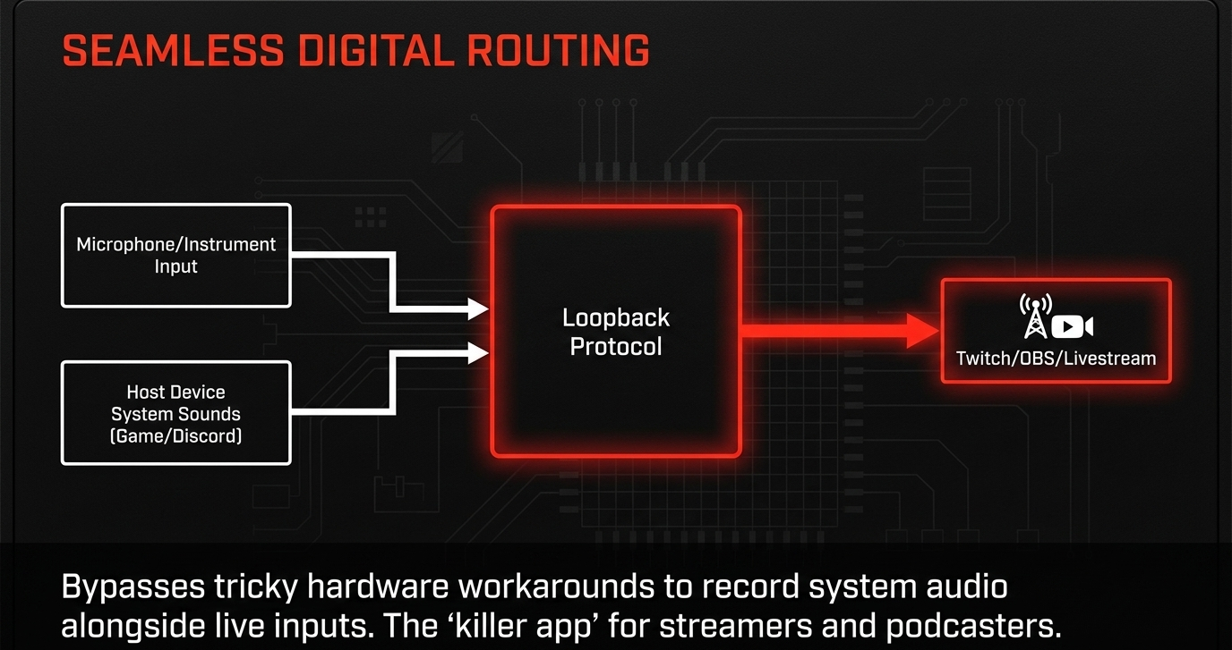 Audient EVO 4 seamless digital routing diagram showing loopback protocol for streaming and podcasting