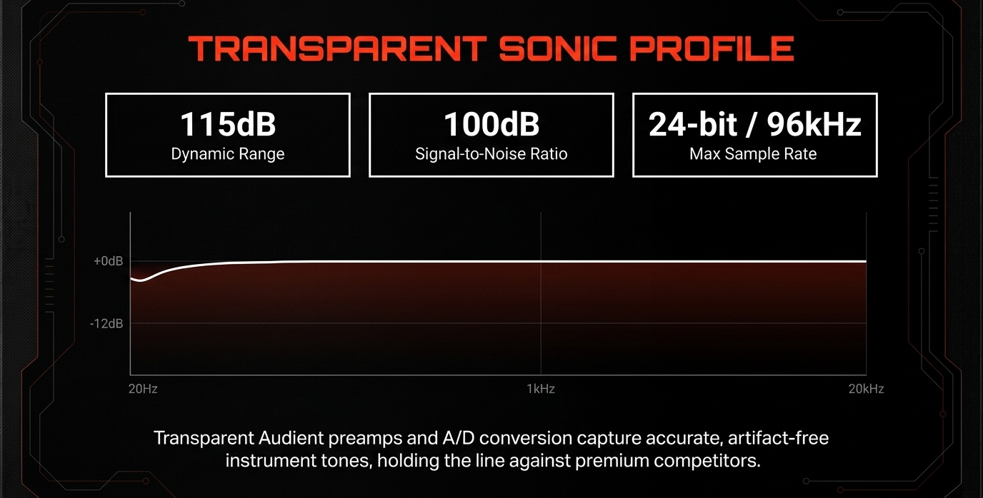 Audient EVO 4 transparent sonic profile showing 115dB dynamic range, 100dB SNR, and 24-bit 96kHz specs